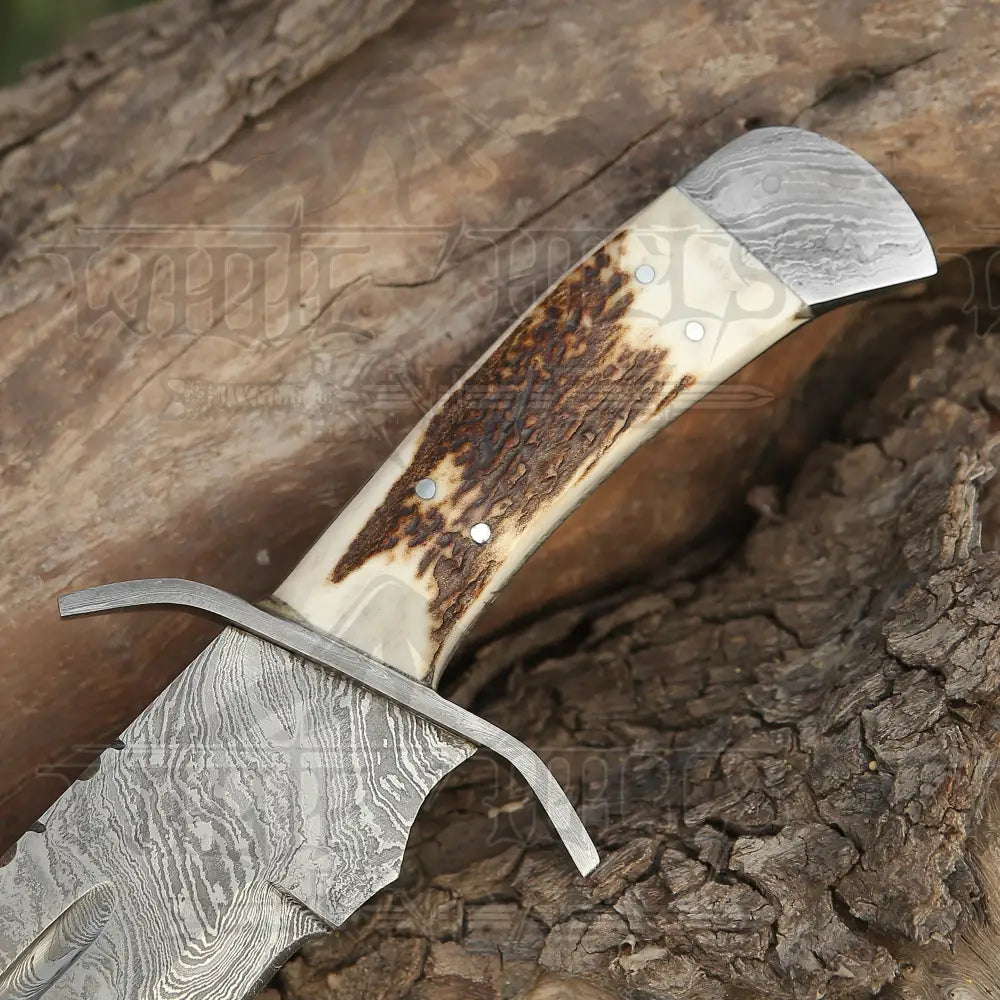 15 Handmade Damascus Steel Bowie Knife- Full Tang - Stag Antler Handle Knife