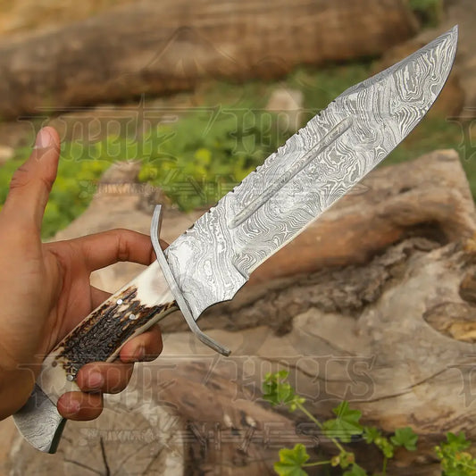 15 Handmade Damascus Steel Bowie Knife- Full Tang - Stag Antler Handle Knife