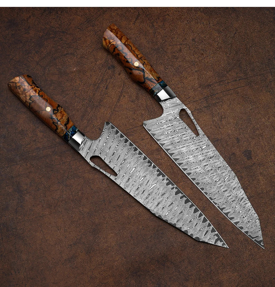 VG10 Damascus Chef Knife – 73 Layer Japanese Chef Knife with Stabilized Wood Handle & Leather Sheath