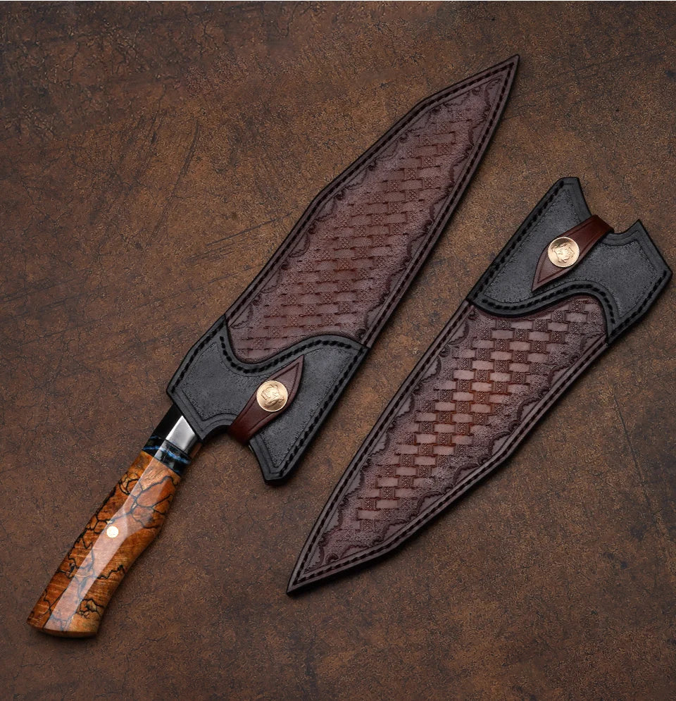 VG10 Damascus Chef Knife – 73 Layer Japanese Chef Knife with Stabilized Wood Handle & Leather Sheath