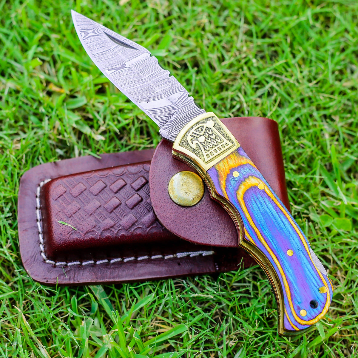 Custom Hand Forged Damascus Folding Knife Stain Wood Handle With Engraved Bolster Wh 1558