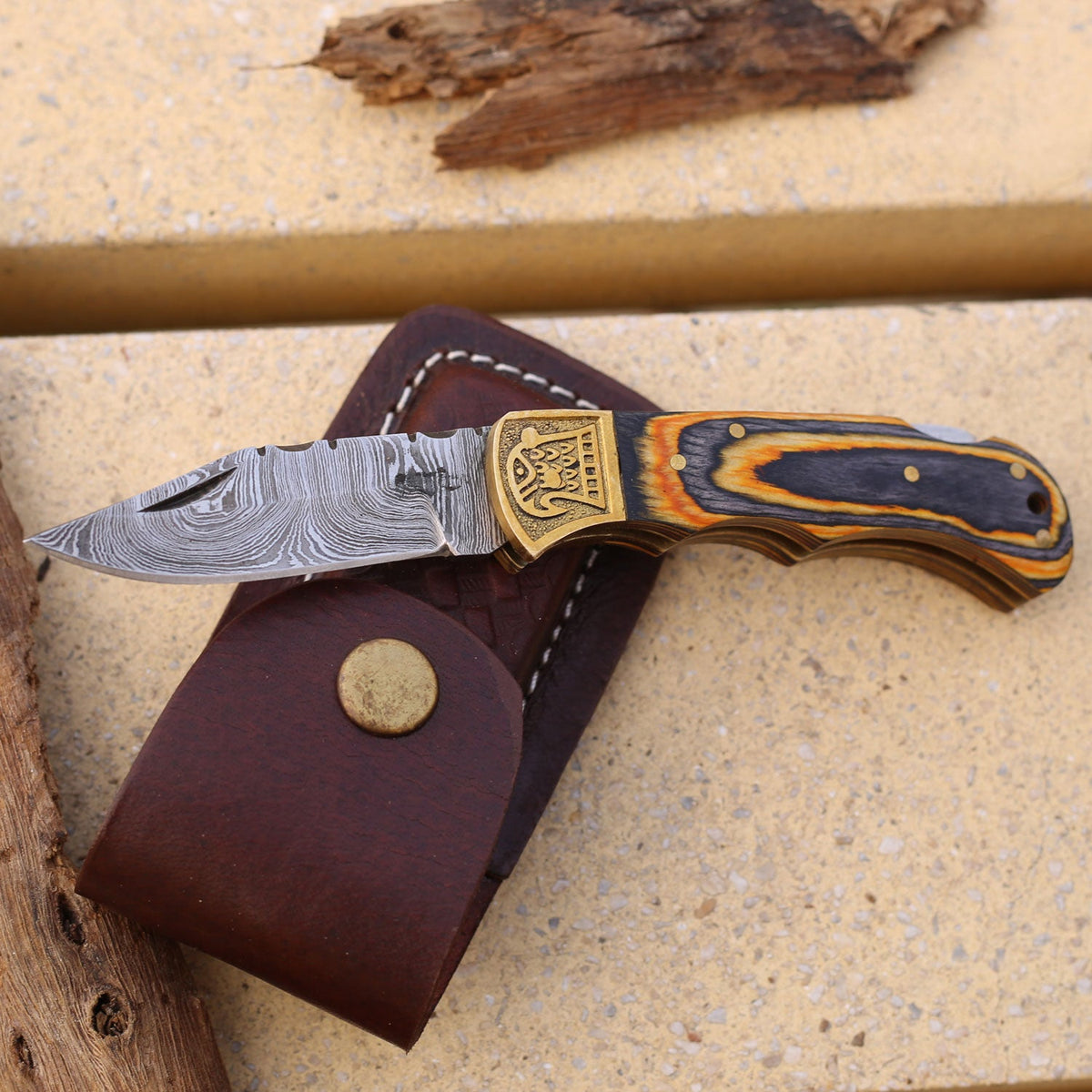 Custom Hand Forged Damascus Folding Knife Stain Wood Handle With Engraved Bolster Wh 1557