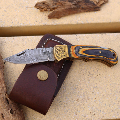Custom Hand Forged Damascus Folding Knife Stain Wood Handle With Engraved Bolster Wh 1557