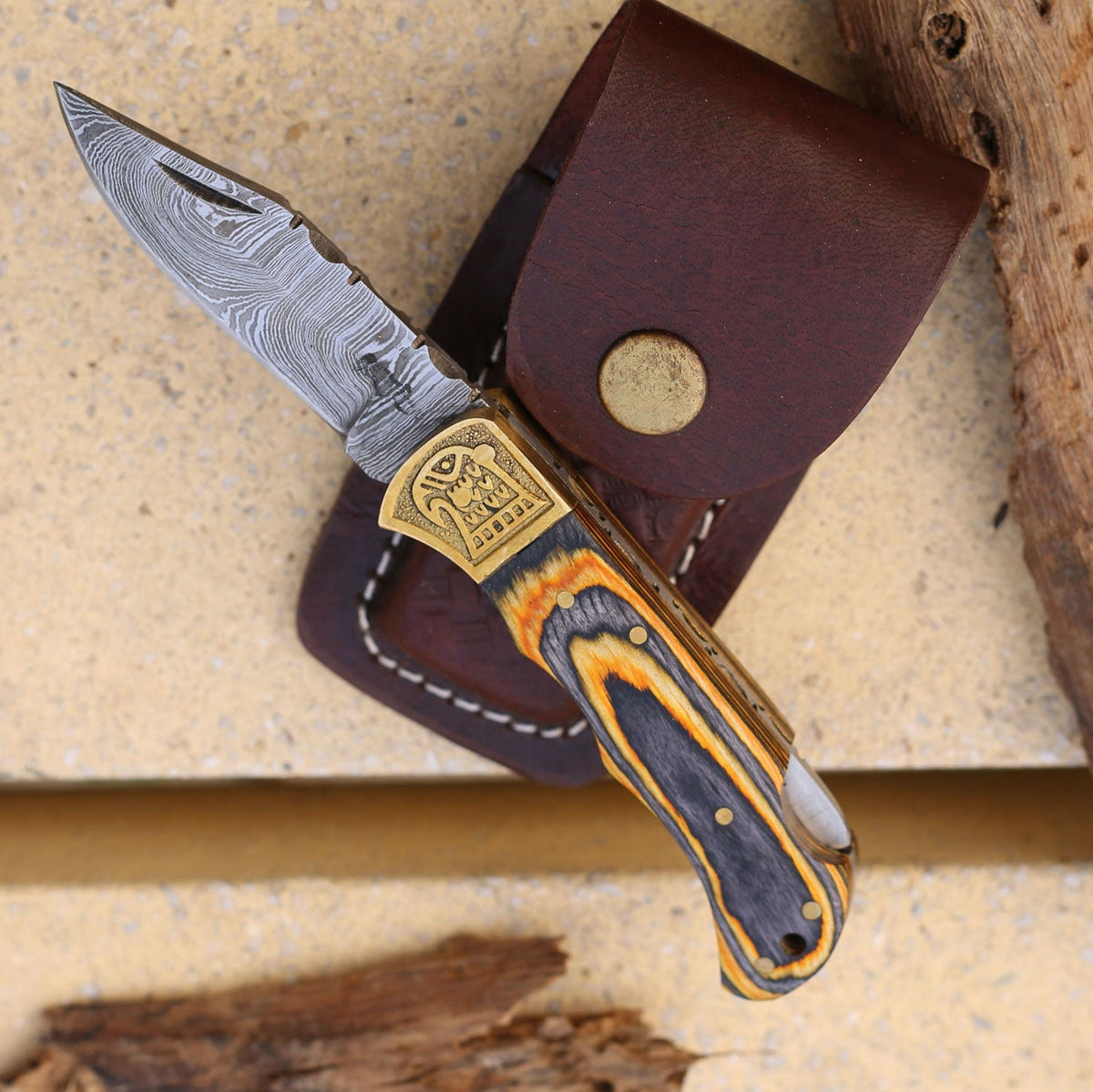 Custom Hand Forged Damascus Folding Knife Stain Wood Handle With Engraved Bolster Wh 1557