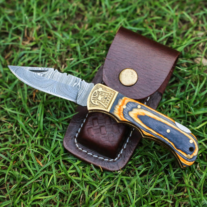 Custom Hand Forged Damascus Folding Knife Stain Wood Handle With Engraved Bolster Wh 1557