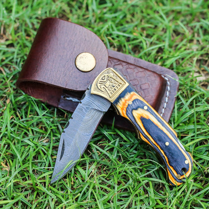 Custom Hand Forged Damascus Folding Knife Stain Wood Handle With Engraved Bolster Wh 1557