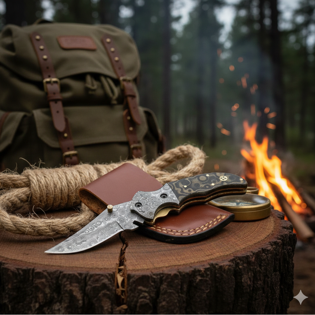 7 inch Pocket Folding Knife - Raindrop Damascus Pattern - Damascus Bolster With Colored Resin Handle 3542 White Hills Knives