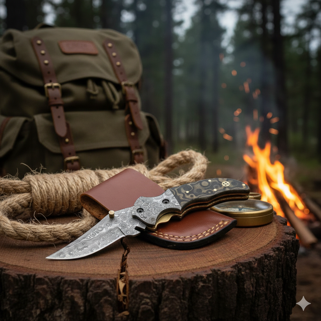 7 inch Pocket Folding Knife - Raindrop Damascus Pattern - Damascus Bolster With Colored Resin Handle 3542