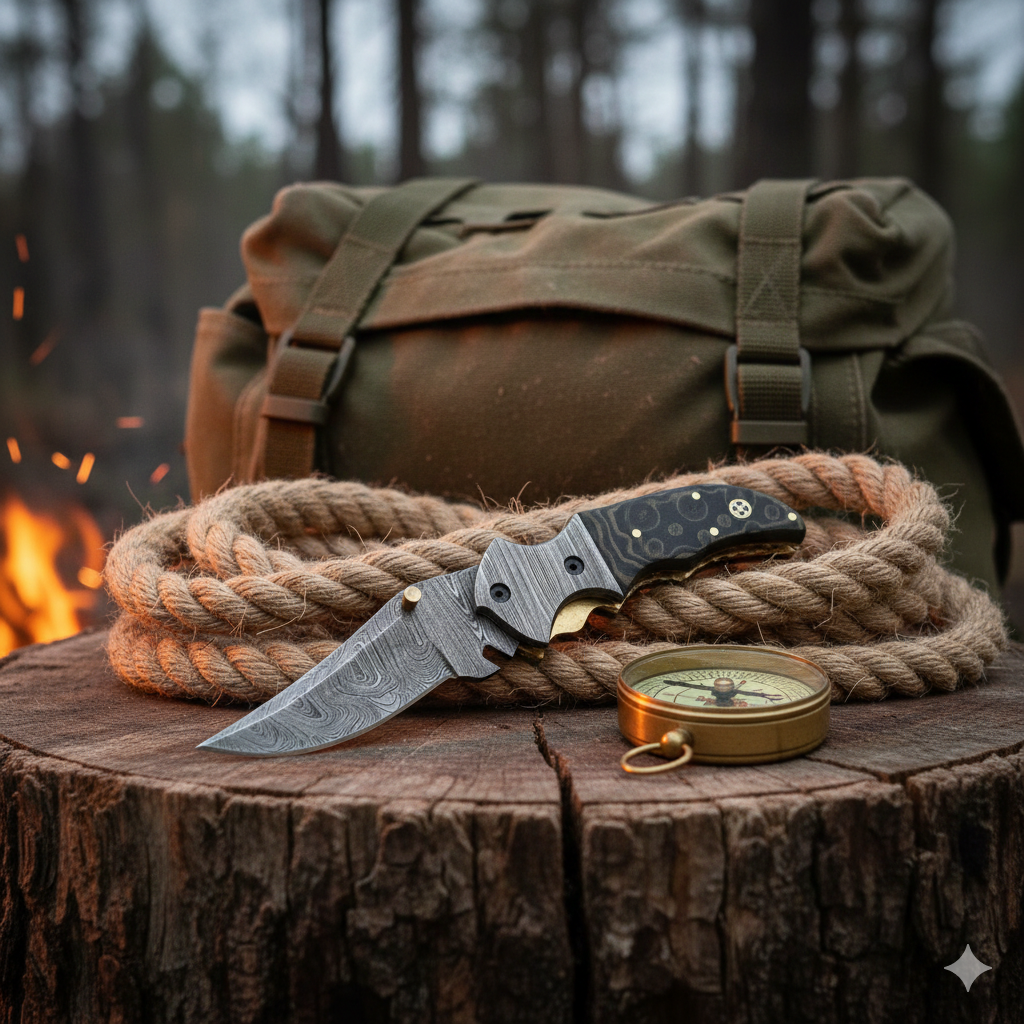 Handmade Damascus Pocket Knife With Leather Sheath - Damascus Bolster With Colored Resin Handle 3541