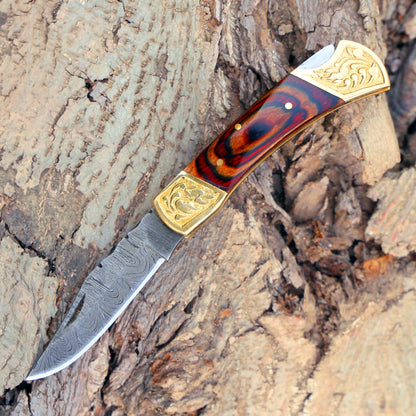 Custom Hand Forged Damascus Folding Knife With Engraved Brass Bolster & Wood Handle