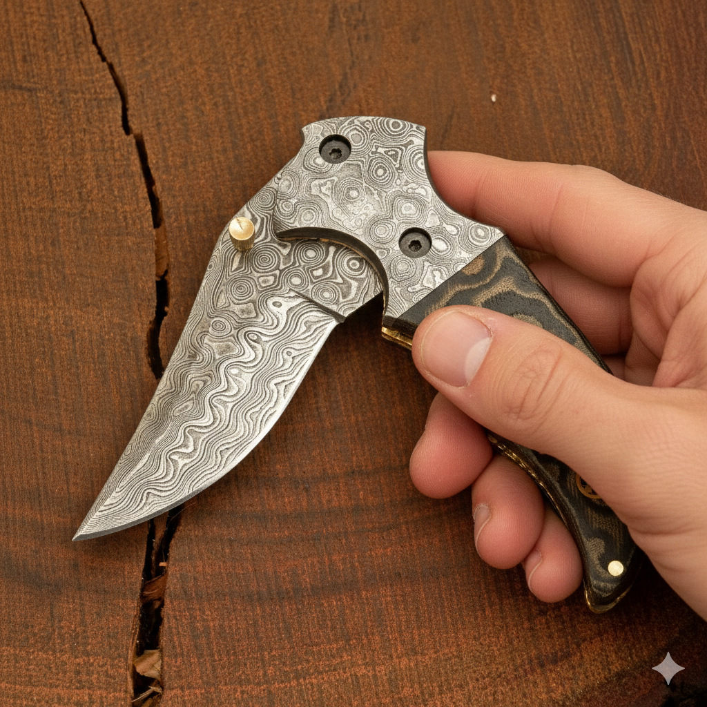 7 inch Pocket Folding Knife - Raindrop Damascus Pattern - Damascus Bolster With Colored Resin Handle 3542