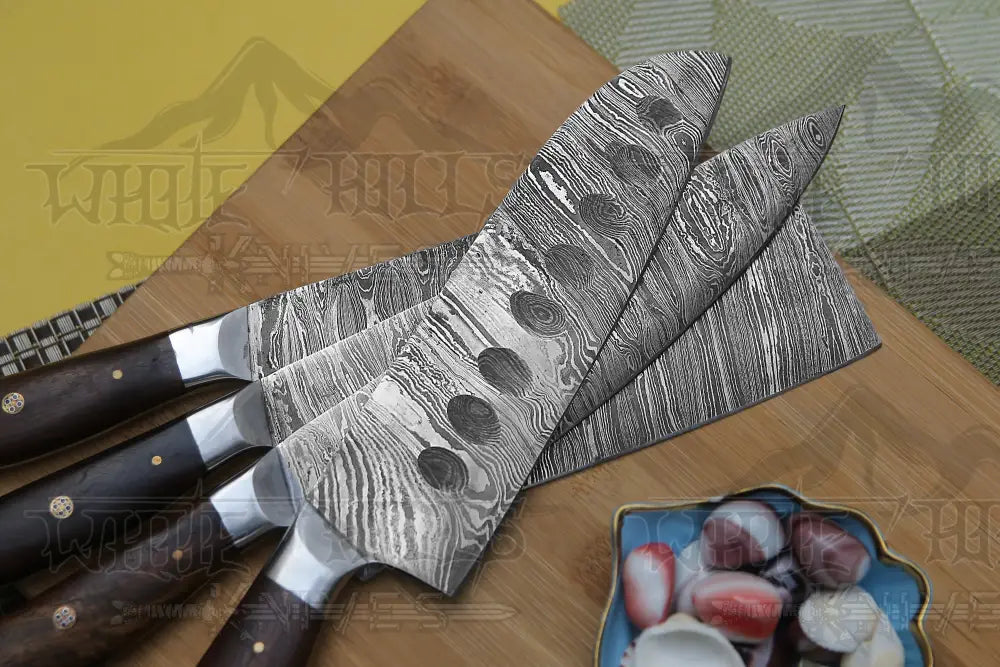 4 Piece Handmade Chef Set Damascus Steel Knife Kitchen With Leather Cover Knives