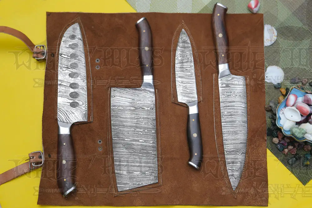 4 Piece Handmade Chef Set Damascus Steel Knife Kitchen With Leather Cover Knives