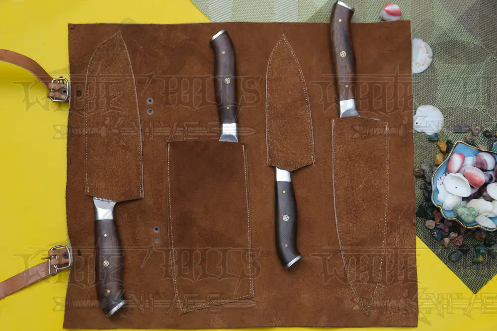 4 Piece Handmade Chef Set Damascus Steel Knife Kitchen With Leather Cover Knives