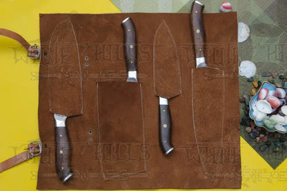 4 Piece Handmade Chef Set Damascus Steel Knife Kitchen With Leather Cover Knives