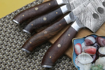 4 Piece Handmade Chef Set Damascus Steel Knife Kitchen With Leather Cover Knives