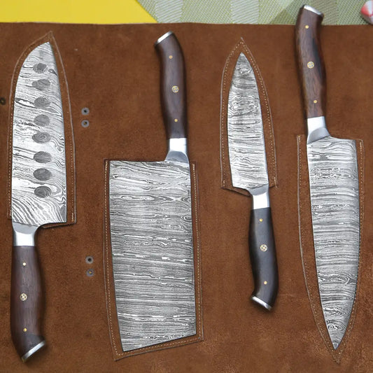 handmade damascus chef knife set in leather roll