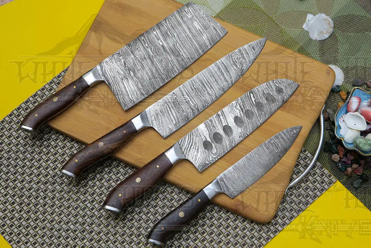 4 Piece Handmade Chef Set Damascus Steel Knife Kitchen With Leather Cover Knives