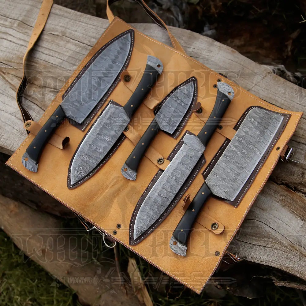 5 Piece Damascus Chef Knife Set - Steel With Leather Roll Kitchen Knives