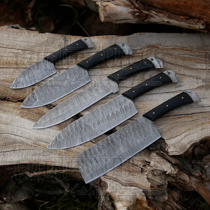 5 Piece Damascus Chef Knife Set - Steel With Leather Roll Kitchen Knives