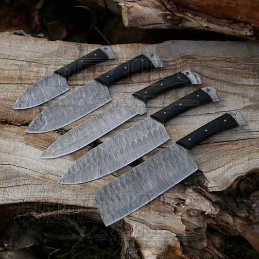 5 Piece Damascus Chef Knife Set - Steel With Leather Roll Kitchen Knives