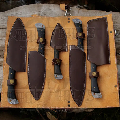 5 Piece Damascus Chef Knife Set - Steel With Leather Roll Kitchen Knives
