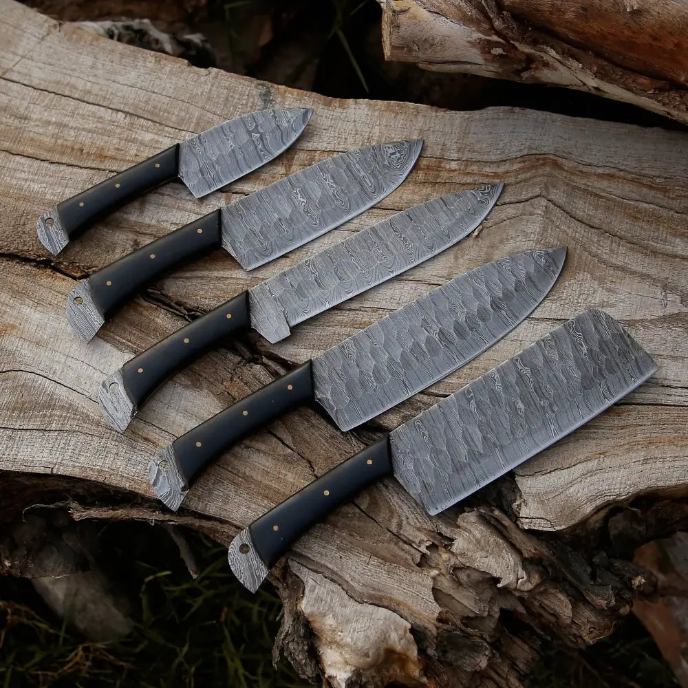 5 Piece Damascus Chef Knife Set - Steel With Leather Roll Kitchen Knives