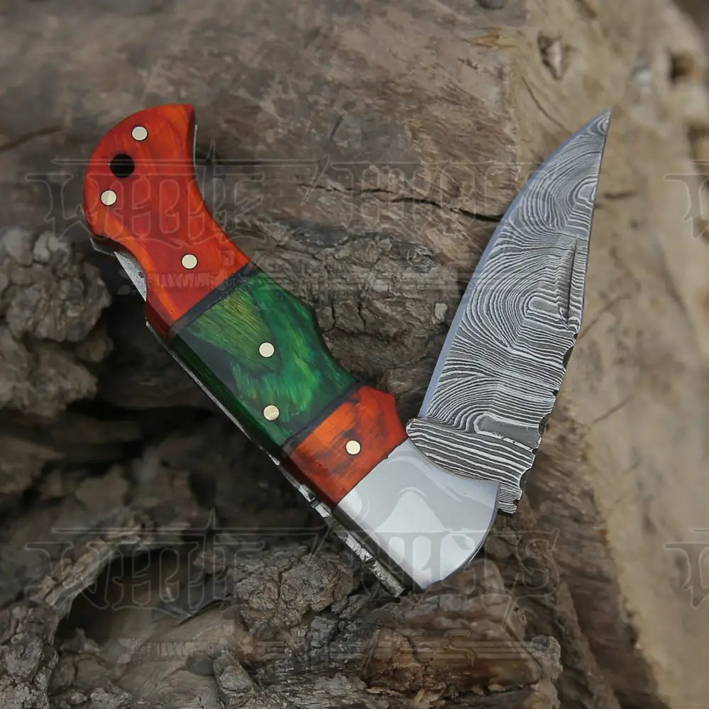 6.5 Handmade Damascus Pocket Knife - Folding Color Wood Handle Wh 5032