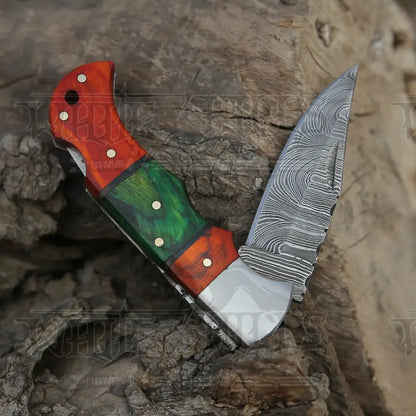 6.5 Handmade Damascus Pocket Knife - Folding Color Wood Handle Wh 5032