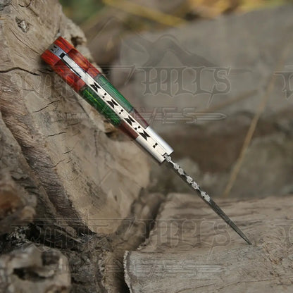 6.5 Handmade Damascus Pocket Knife - Folding Color Wood Handle Wh 5032