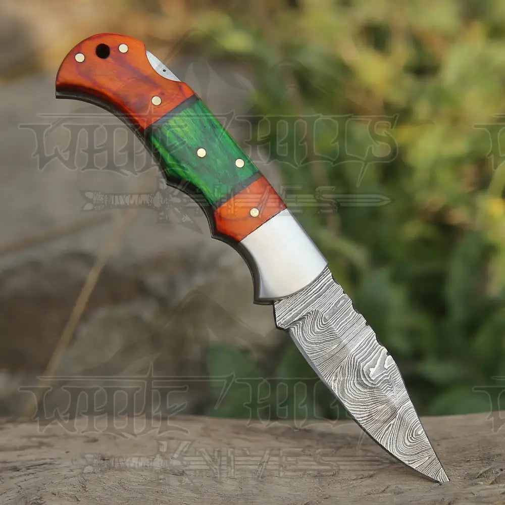 6.5 Handmade Damascus Pocket Knife - Folding Color Wood Handle Wh 5032