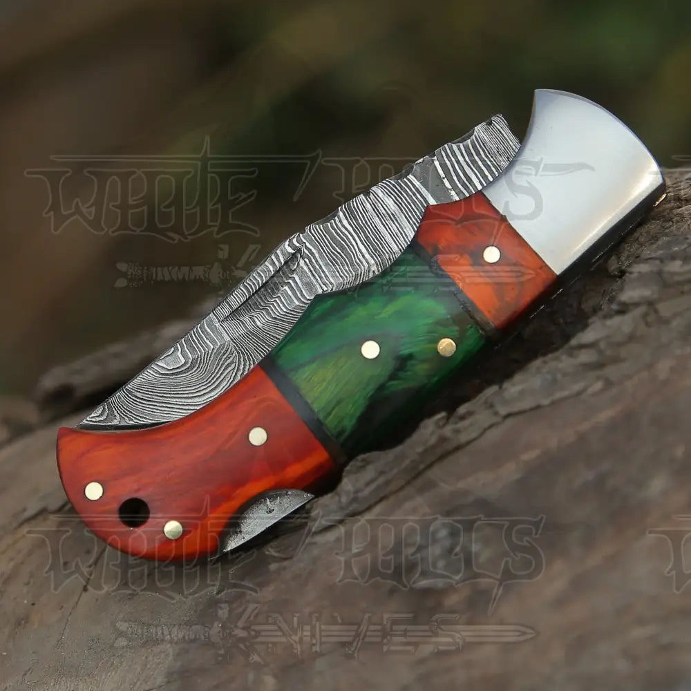6.5 Handmade Damascus Pocket Knife - Folding Color Wood Handle Wh 5032
