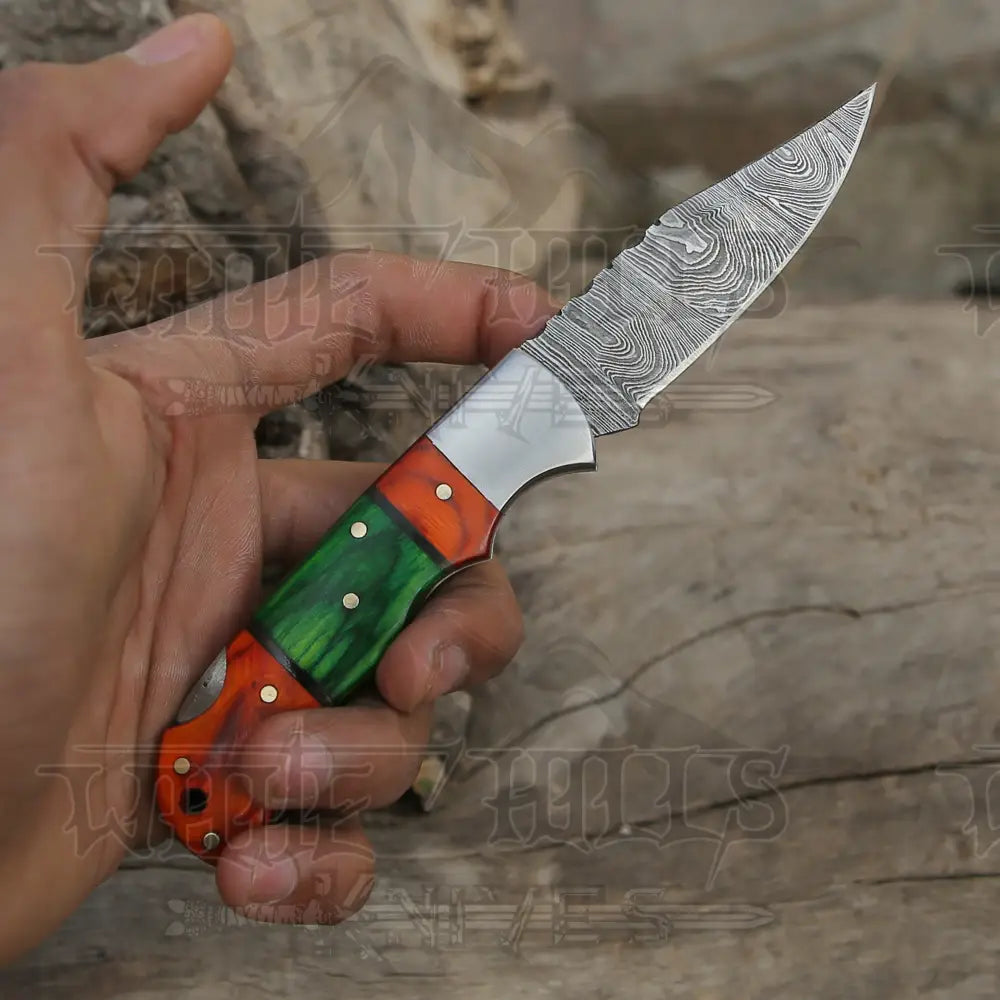 6.5 Handmade Damascus Pocket Knife - Folding Color Wood Handle Wh 5032