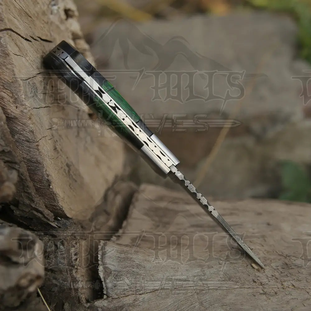6.5 Handmade Damascus Pocket Knife - Folding Color Wood Handle Wh 5034