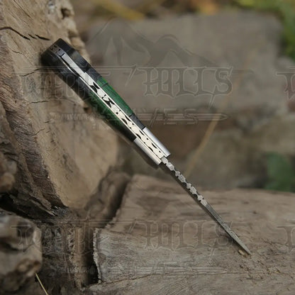 6.5 Handmade Damascus Pocket Knife - Folding Color Wood Handle Wh 5034
