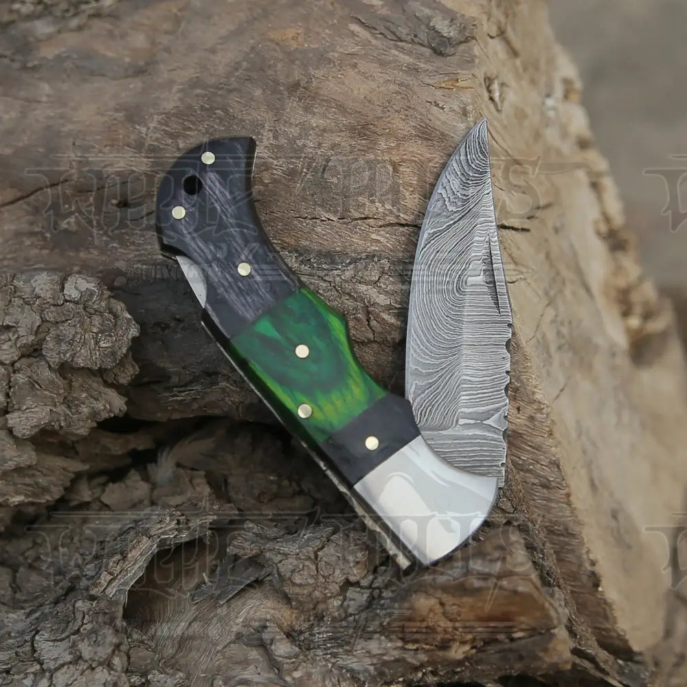 6.5 Handmade Damascus Pocket Knife - Folding Color Wood Handle Wh 5034