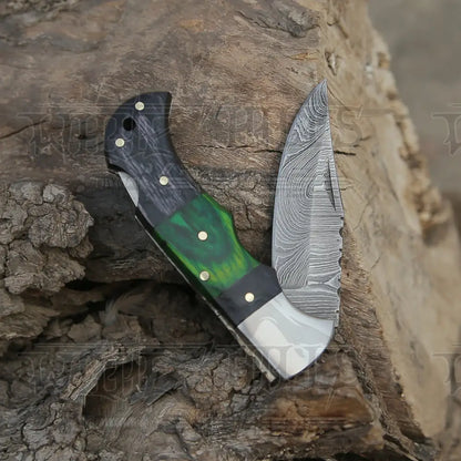 6.5 Handmade Damascus Pocket Knife - Folding Color Wood Handle Wh 5034