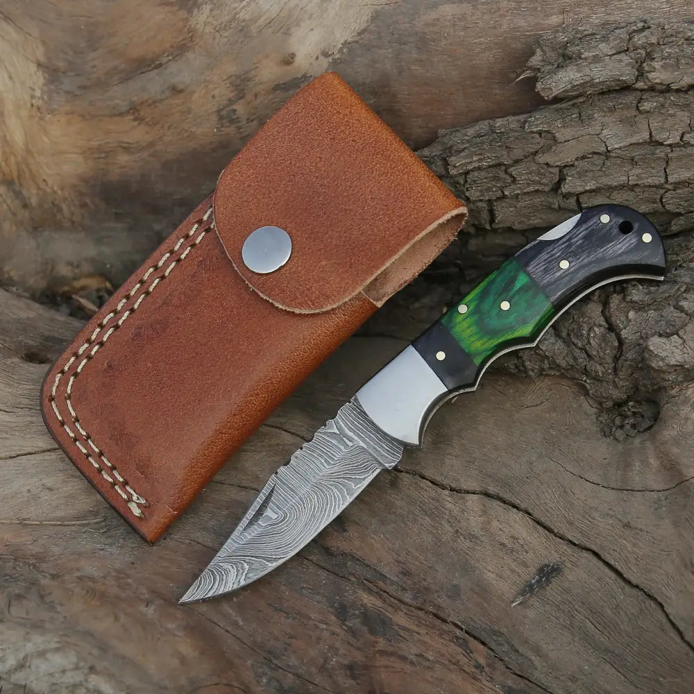 6.5 Handmade Damascus Pocket Knife - Folding Color Wood Handle Wh 5034