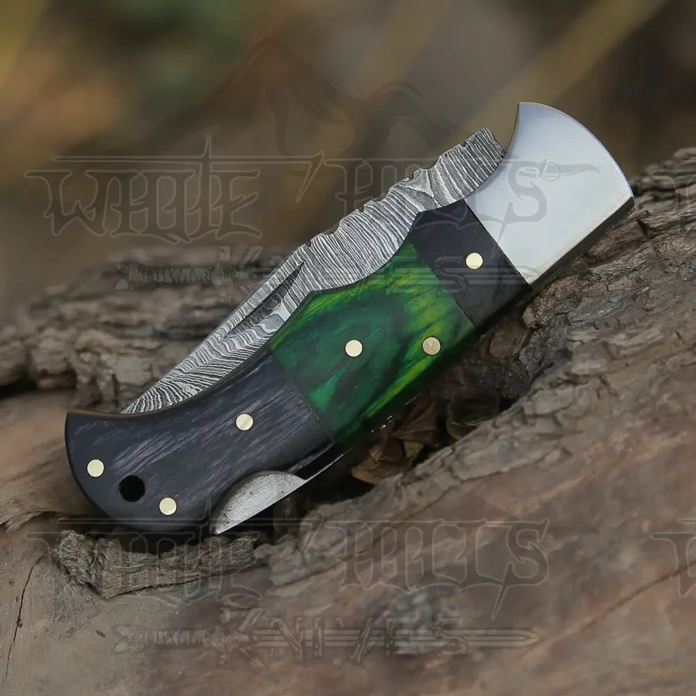 6.5 Handmade Damascus Pocket Knife - Folding Color Wood Handle Wh 5034