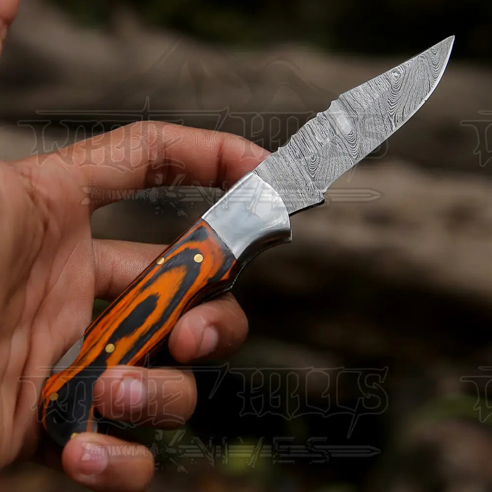6.5 Handmade Damascus Pocket Knife - Folding Colored Wood Handle Wh 5042