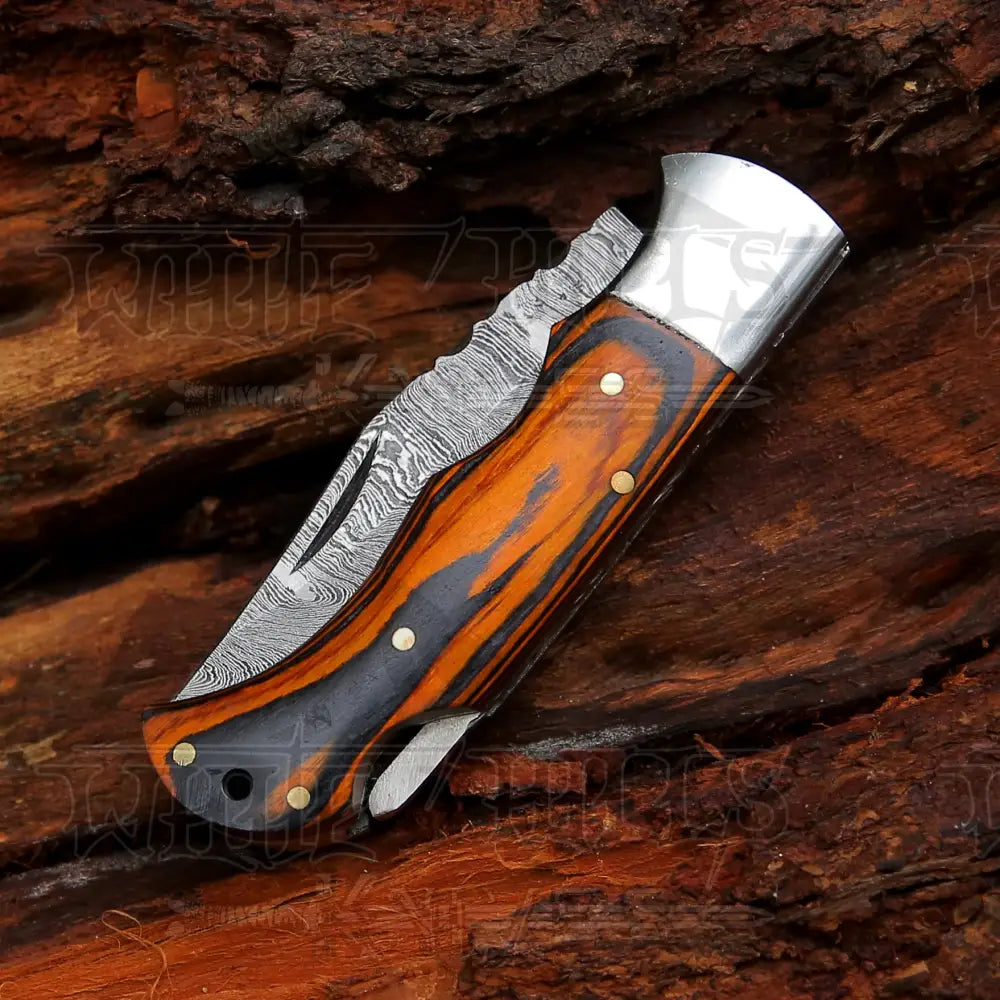 6.5 Handmade Damascus Pocket Knife - Folding Colored Wood Handle Wh 5042