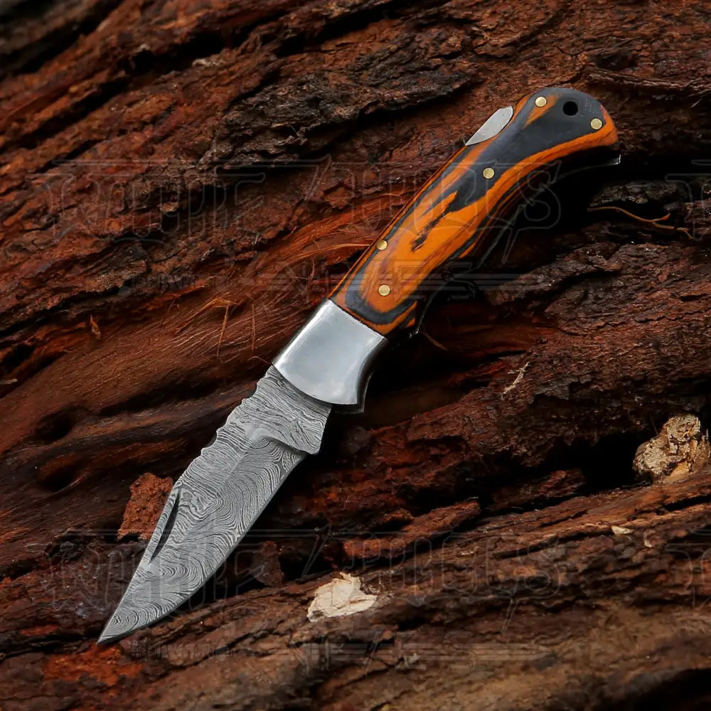 6.5 Handmade Damascus Pocket Knife - Folding Colored Wood Handle Wh 5042