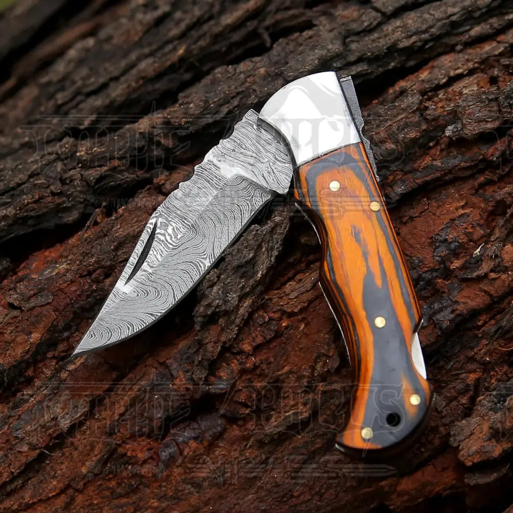 6.5 Handmade Damascus Pocket Knife - Folding Colored Wood Handle Wh 5042