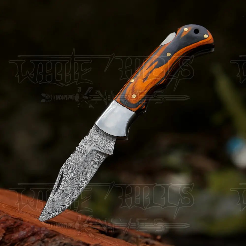 6.5 Handmade Damascus Pocket Knife - Folding Colored Wood Handle Wh 5042