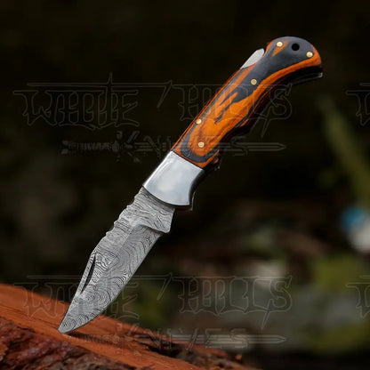 6.5 Handmade Damascus Pocket Knife - Folding Colored Wood Handle Wh 5042