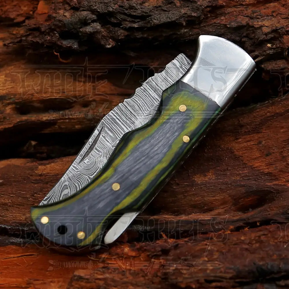 6.5 Handmade Damascus Pocket Knife - Folding Green Wood Handle Wh 5041