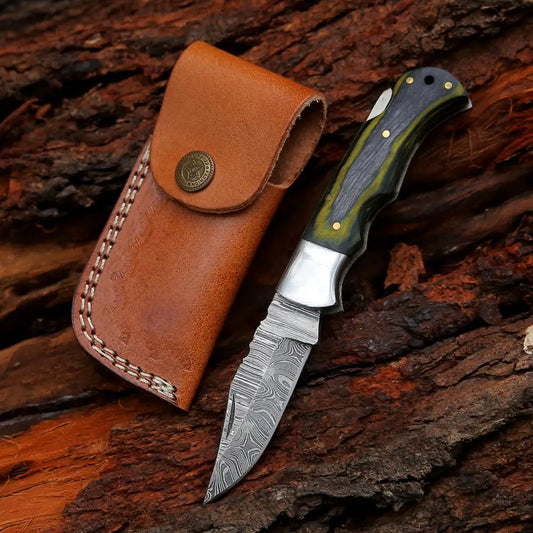 6.5 Handmade Damascus Pocket Knife - Folding Green Wood Handle Wh 5041