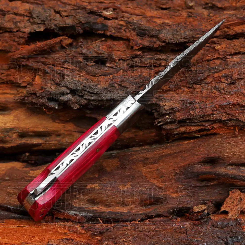 6.5 Handmade Damascus Pocket Knife - Folding Red Wood Handle Wh 5040