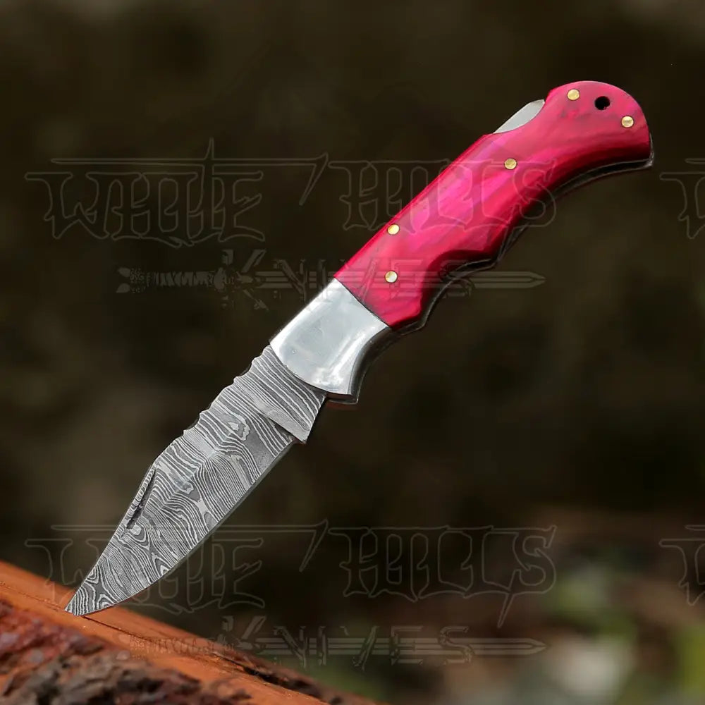 6.5 Handmade Damascus Pocket Knife - Folding Red Wood Handle Wh 5040