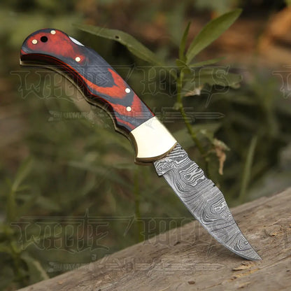 6.5 Handmade Damascus Pocket Knife - Folding Stained Wood Handle Wh 5028